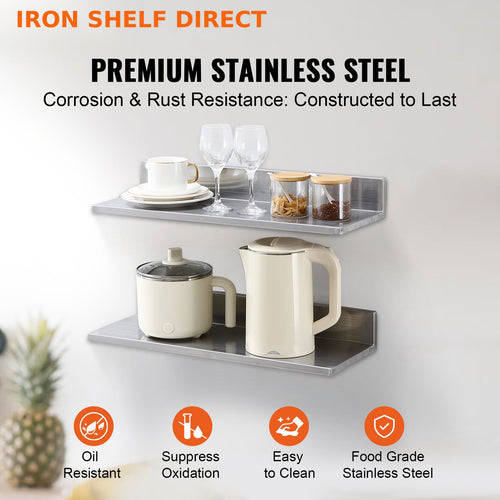 Premium 8.6" x 24" Stainless Steel Wall Shelf – Heavy Duty 44 lb Capacity