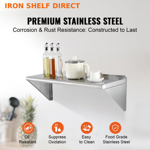 Premium 12"×36" Stainless Steel Wall Shelf - Heavy Duty 44 lb Capacity