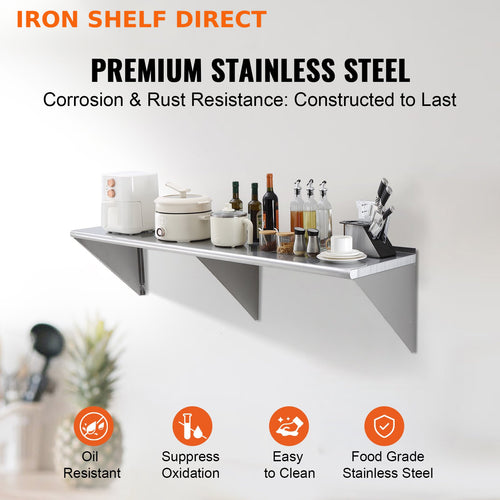 Premium 18"x72" Stainless Steel Wall Shelf with Brackets - Heavy Duty 500lb Capacity