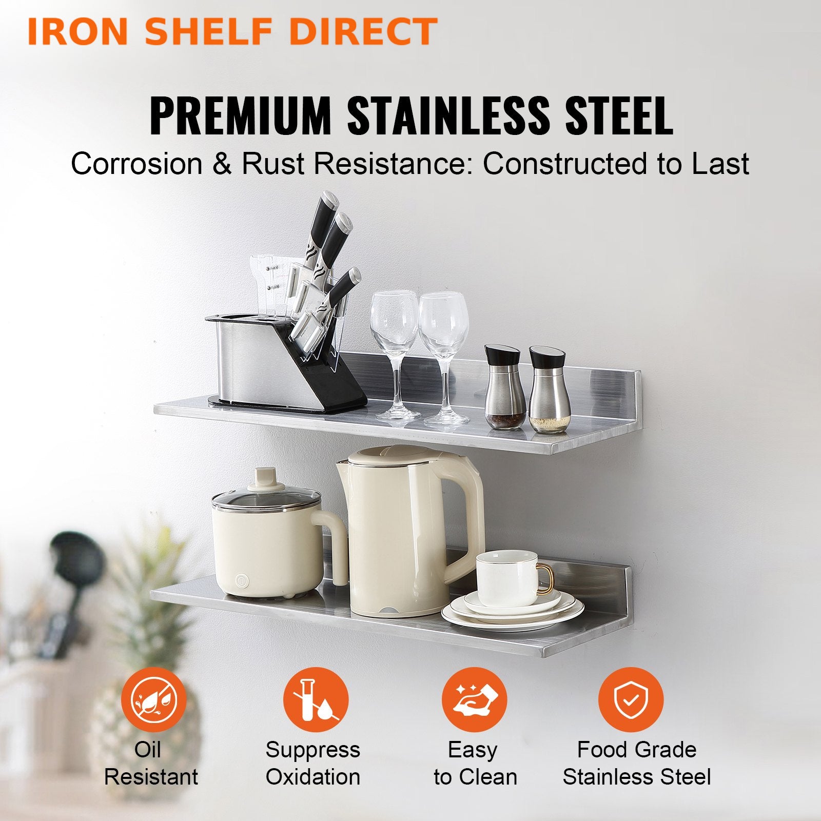 PREMIUM 8.6" X 30" STAINLESS STEEL WALL SHELF — 44 LB CAPACITY